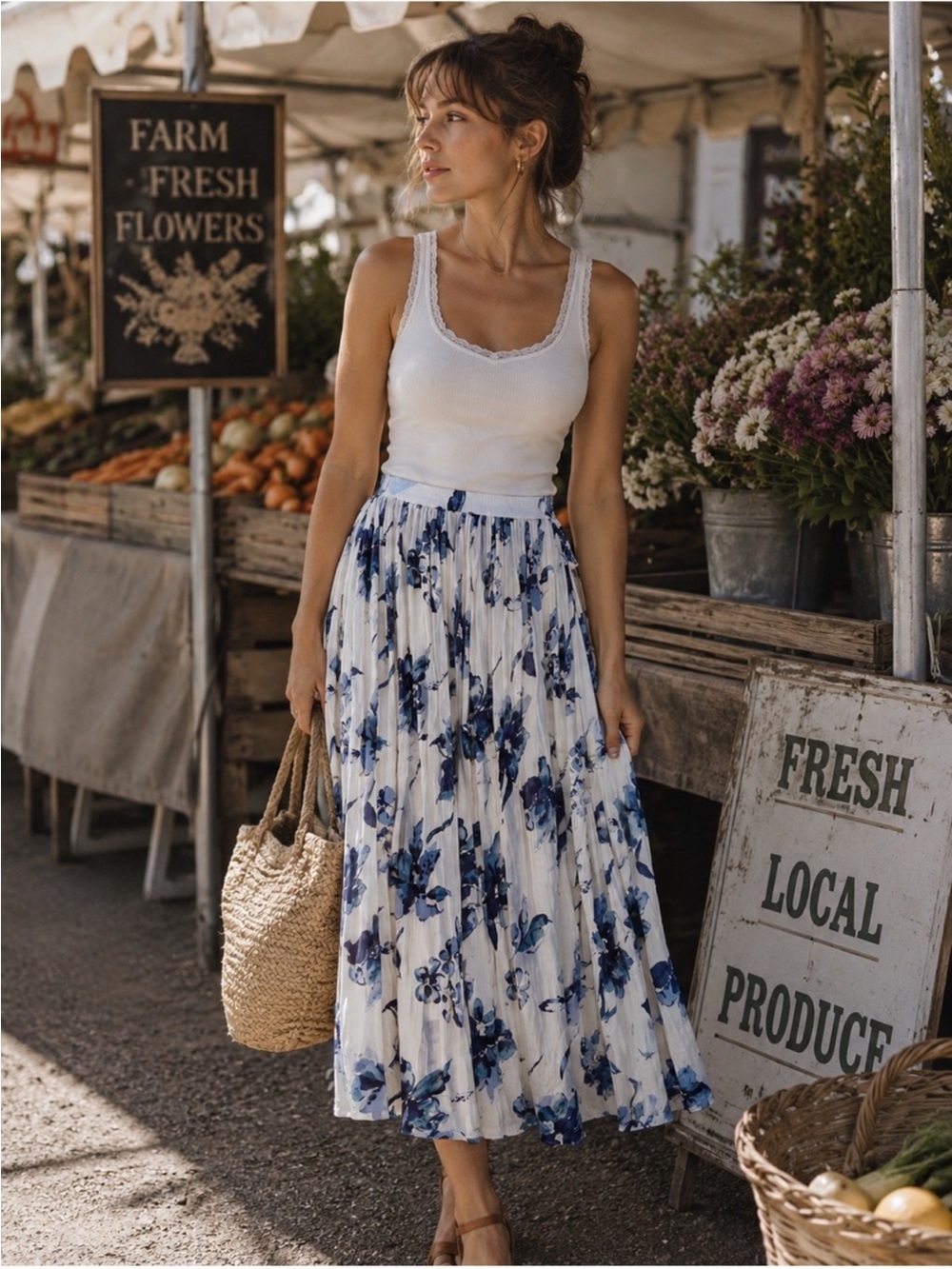 Vintage blue white floral spring max skirt romantic cottage style elastic 12